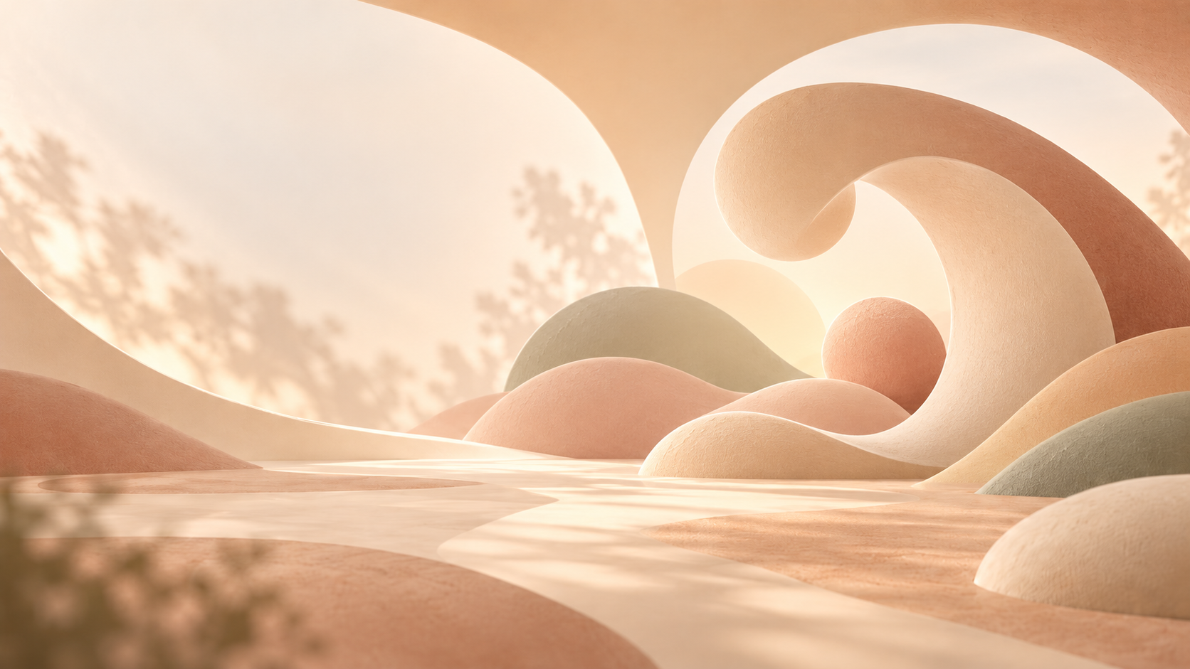 Abstract landscape of sheltering curves in warm tones, with soft light and reflections on water.